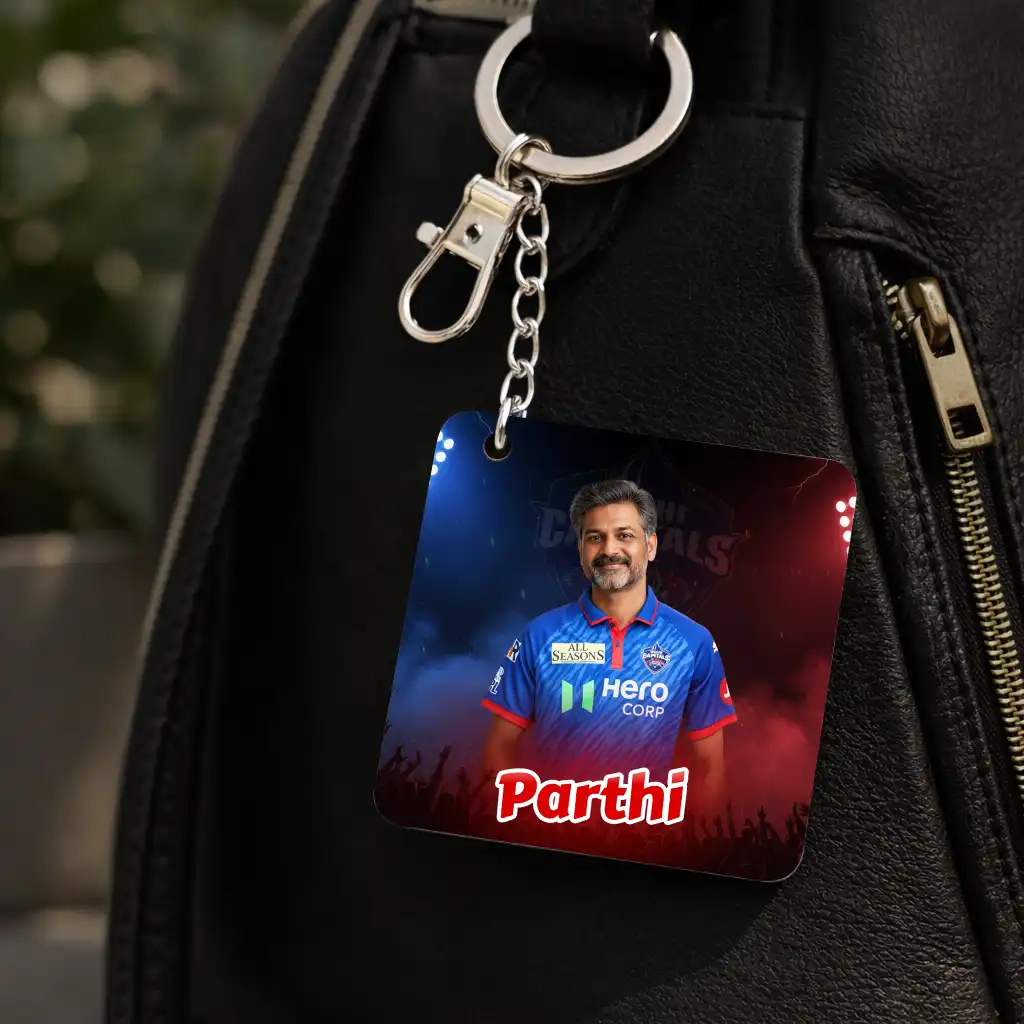 DC Fan AI Keychain – Delhi Capitals Keychain, Customisable with Your AI Avatar and Name, Acrylic Keychain for Men, Women, Kids – IPL Cricket Team Merchandise