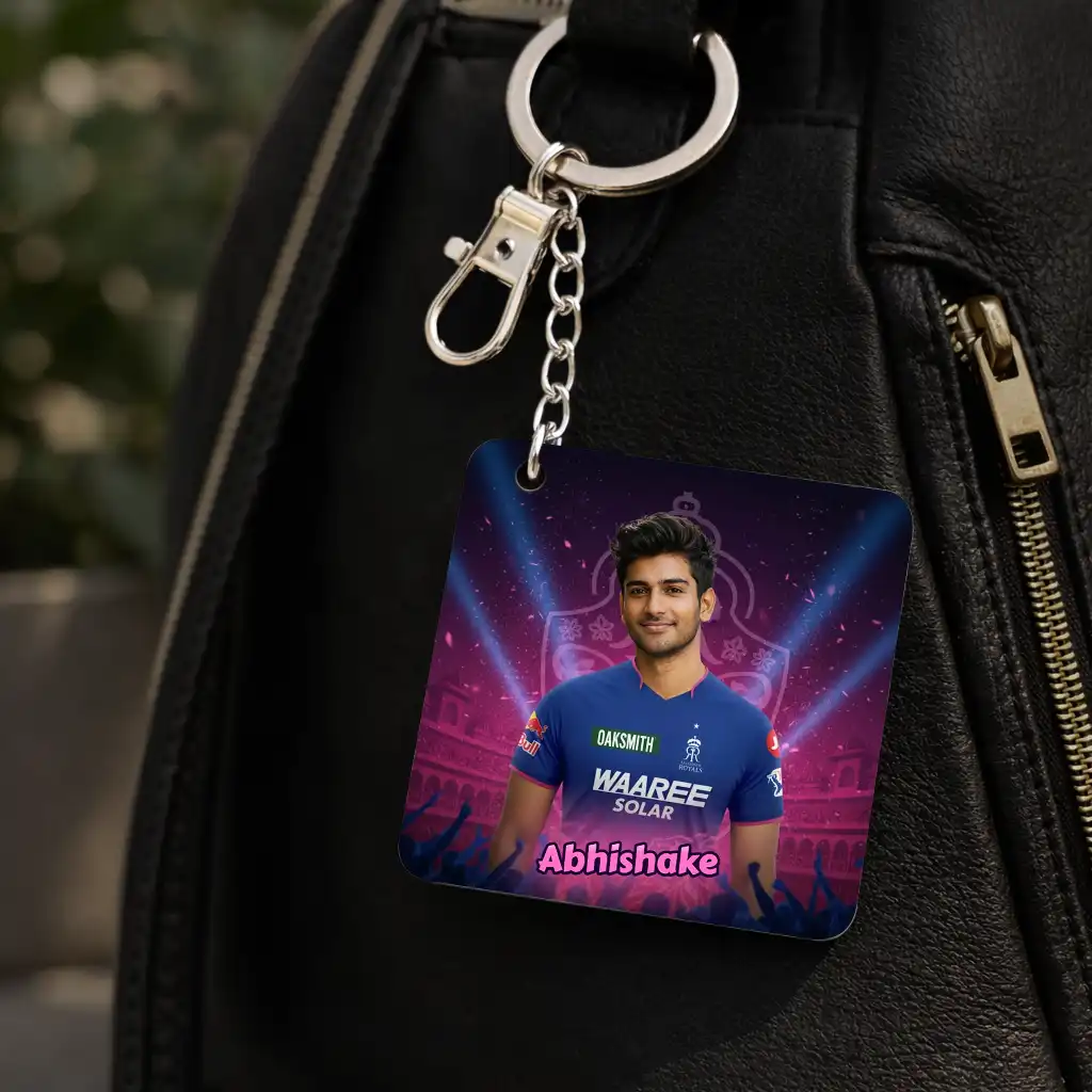 RR Fan AI Keychain – Rajasthan Royals Keychain, Customisable with Your AI Avatar and Name, Acrylic Keychain for Men, Women, Kids – IPL Cricket Team Merchandise