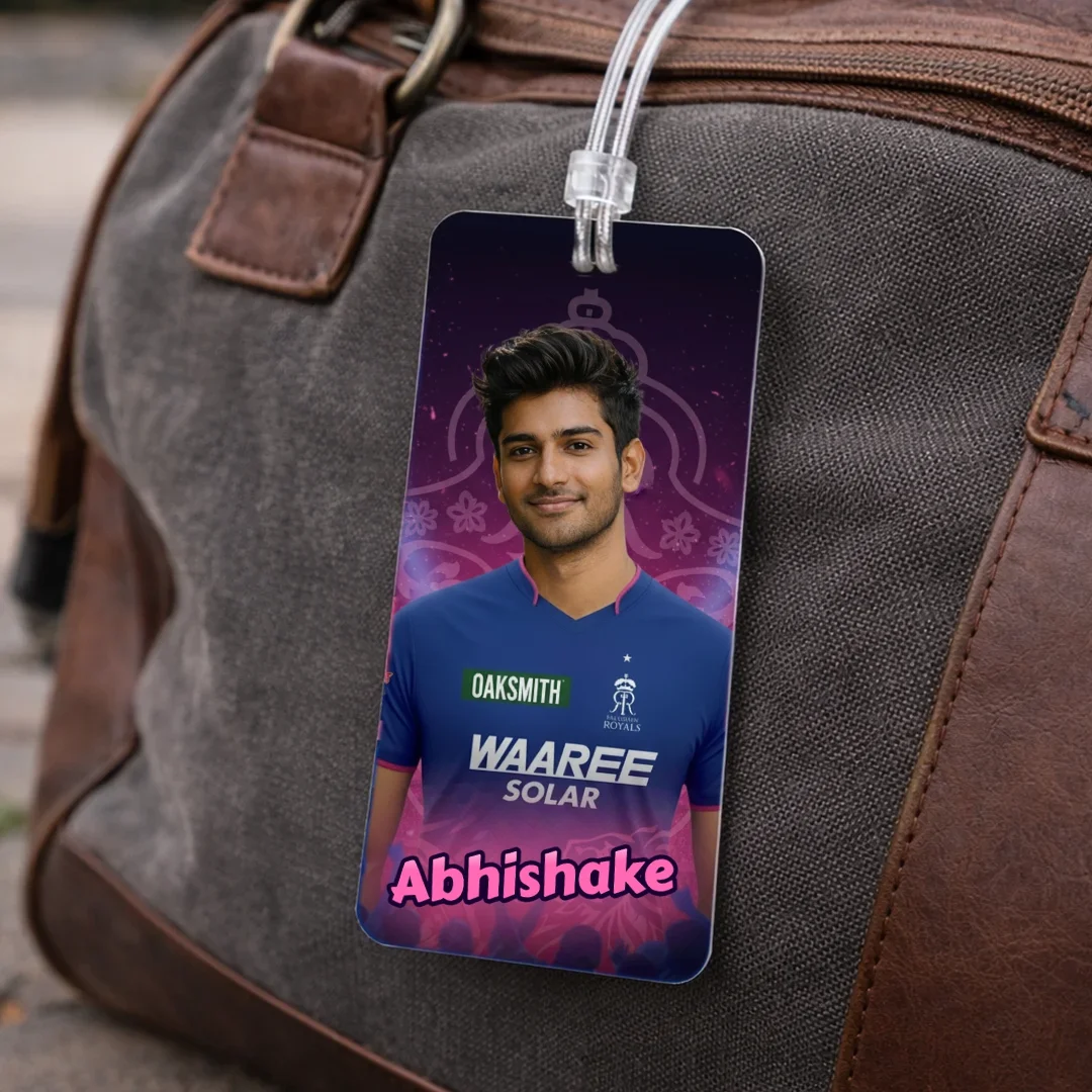 RR Fan AI Luggage Tag – Rajasthan Royals Travel Tag, Customisable with Your AI Avatar and Name, Personalised Tag for Men, Women, Kids – IPL Cricket Team Merchandise