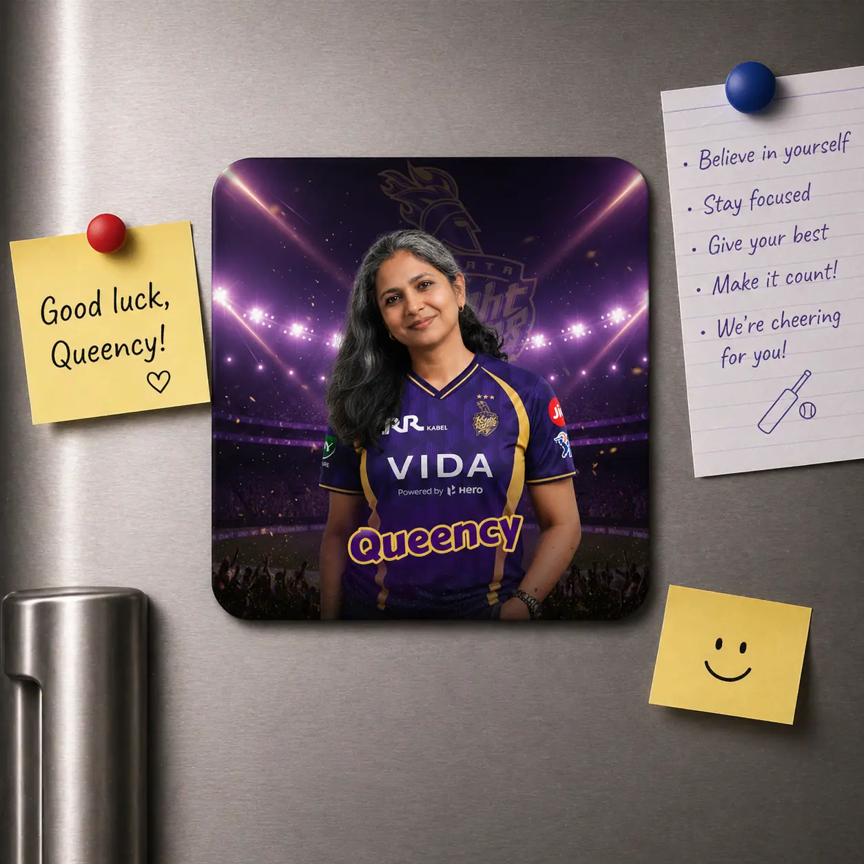 KKR Fan AI Magnet – Kolkata Knight Riders Fridge Magnet, Customisable with Your AI Avatar and Name, Personalised Refrigerator Magnet – IPL Cricket Team Merchandise