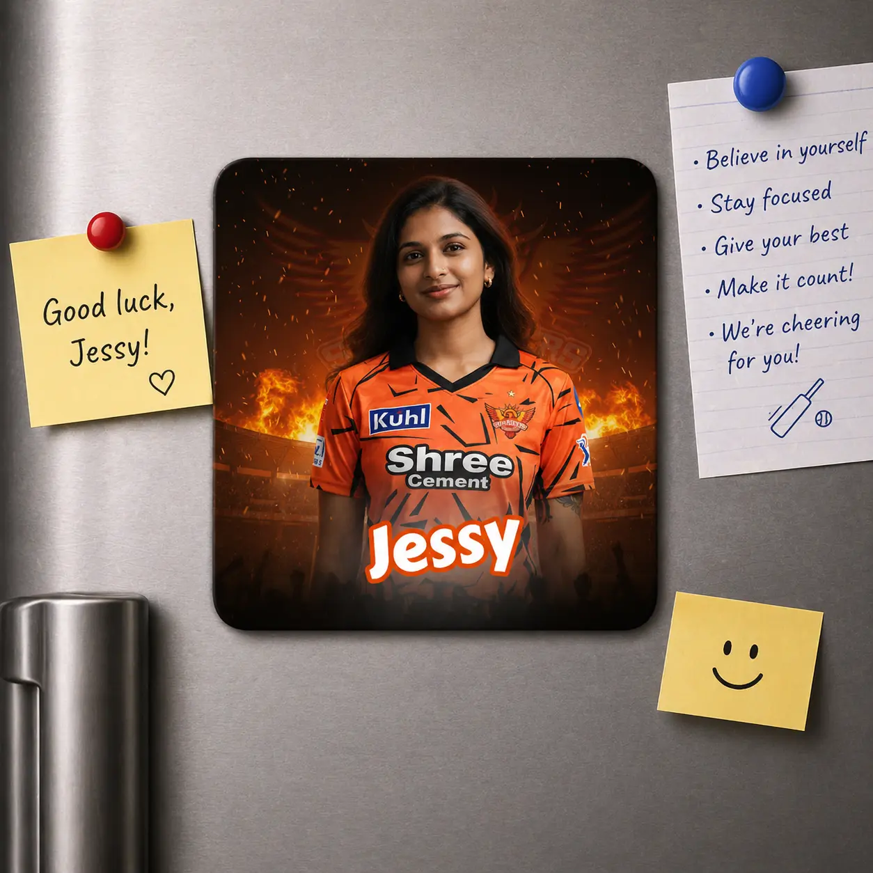 SRH Fan AI Magnet – Sunrisers Hyderabad Fridge Magnet, Customisable with Your AI Avatar and Name, Personalised Refrigerator Magnet – IPL Cricket Team Merchandise