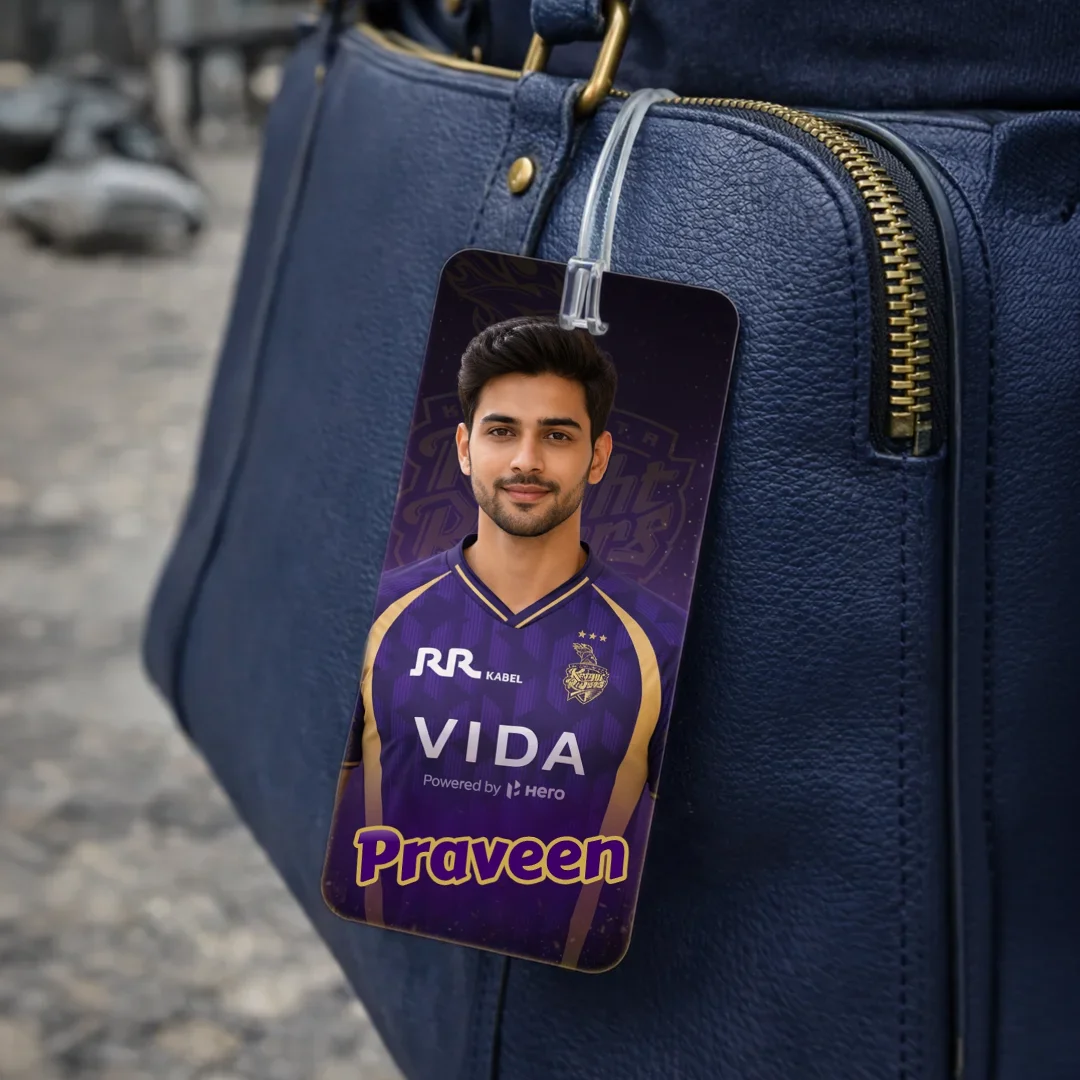 KKR Fan AI Luggage Tag – Kolkata Knight Riders Travel Tag, Customisable with Your AI Avatar and Name, Personalised Tag for Men, Women, Kids – IPL Cricket Team Merchandise
