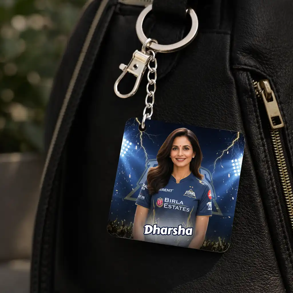 GT Fan AI Keychain – Gujarat Titans Keychain, Customisable with Your AI Avatar and Name, Acrylic Keychain for Men, Women, Kids – IPL Cricket Team Merchandise
